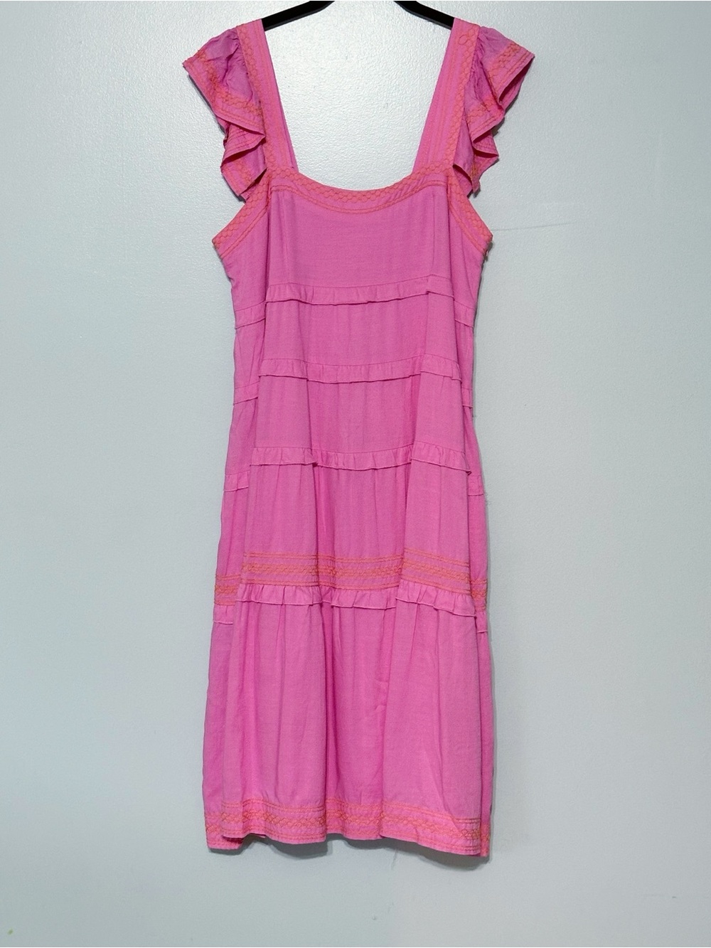 J.Marie Tiered Ruffled‎ Boho Midi Dress Size Large Square Neck Pink